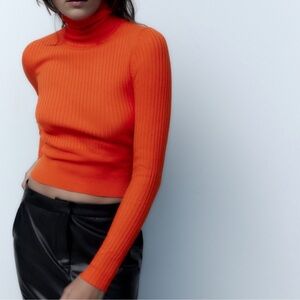 Zara Ribbed Knit Orange Turtleneck Sweater